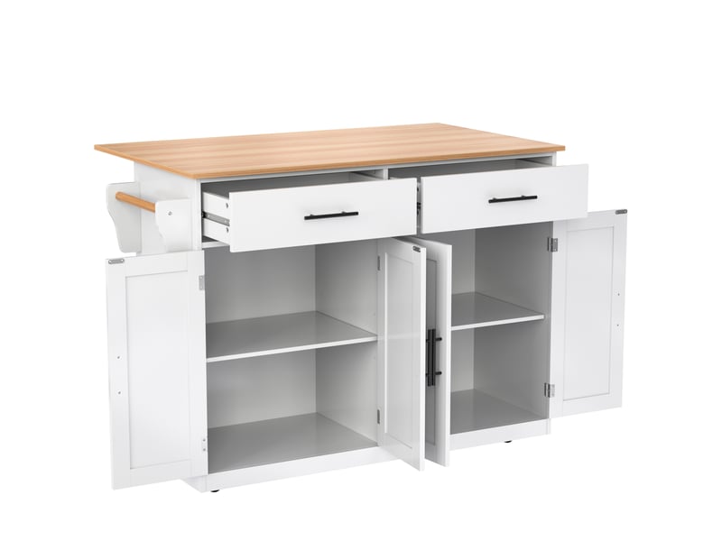 Îlot de cuisine 136x46-71x91,5 cm, desserte extensible avec pieds interchangeables, tiroirs et portes, mdf, naturel et blanc - Conforama D