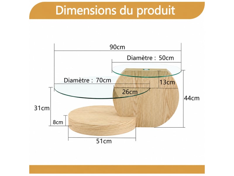  Table basse moderne à 3 niveaux en verre de sécurité et mdf effet bois clair – 90 x 70 x 44 cm  - Conforama D