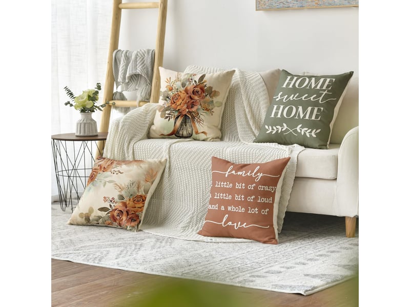  Lot de 4 housses de coussin 45x45cm, motif floral eucalyptus – tons terracotta et sauge, décoration saisonnière pour canapé  - Conforama E