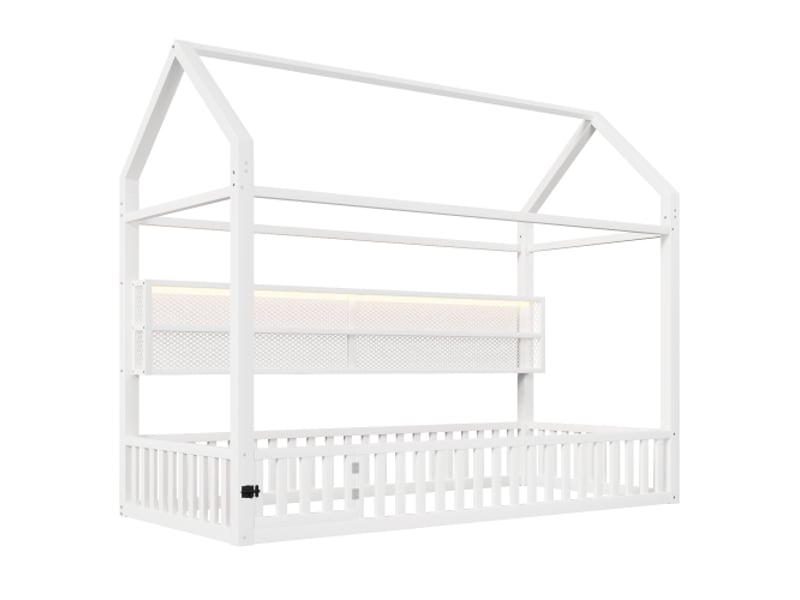 Lit cabane enfant 90x200 cm avec led et barrière de sécurité, en métal, blanc  - Conforama A