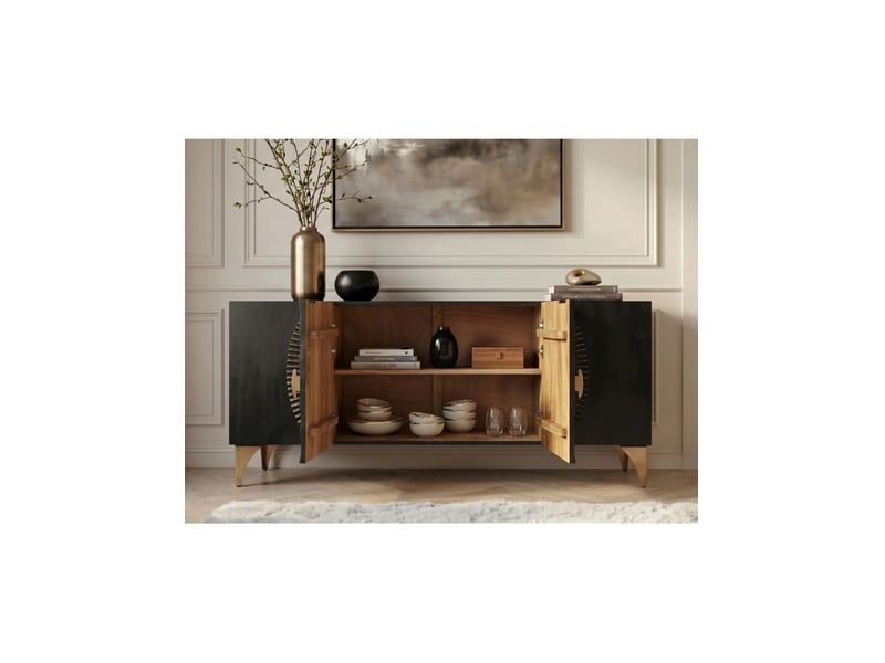  Buffet solaris 177 cm noir et doré en bois massif de manguier – 4 portes sculptées motif solaire  - Conforama E