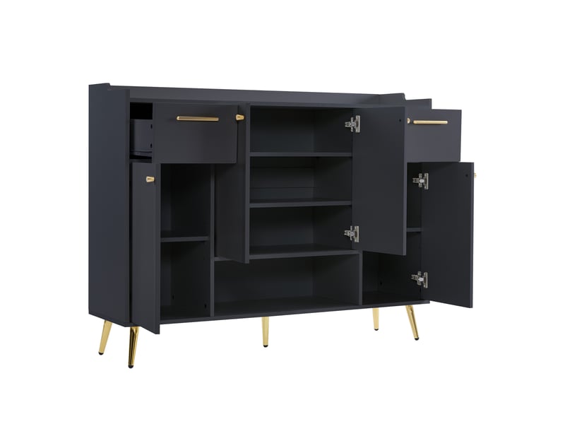  Meuble à chaussures 130x37x100 cm avec 2 tiroirs, 4 portes et niche, panneau de particules noir  - Conforama D