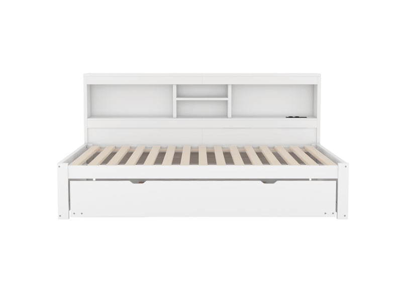  Lit banquette blanc 90x200 cm, lit gigogne, led, rangements, prise et usb  - Conforama A