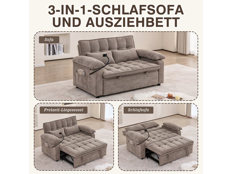 Canapé convertible 3-en-1 142 x 90 x 87 cm avec assise moelleuse, 2 coussins lombaires, tablette et porte-gobelet, chenille, marron OMNIGLINT TRADING LTD - Conforama E