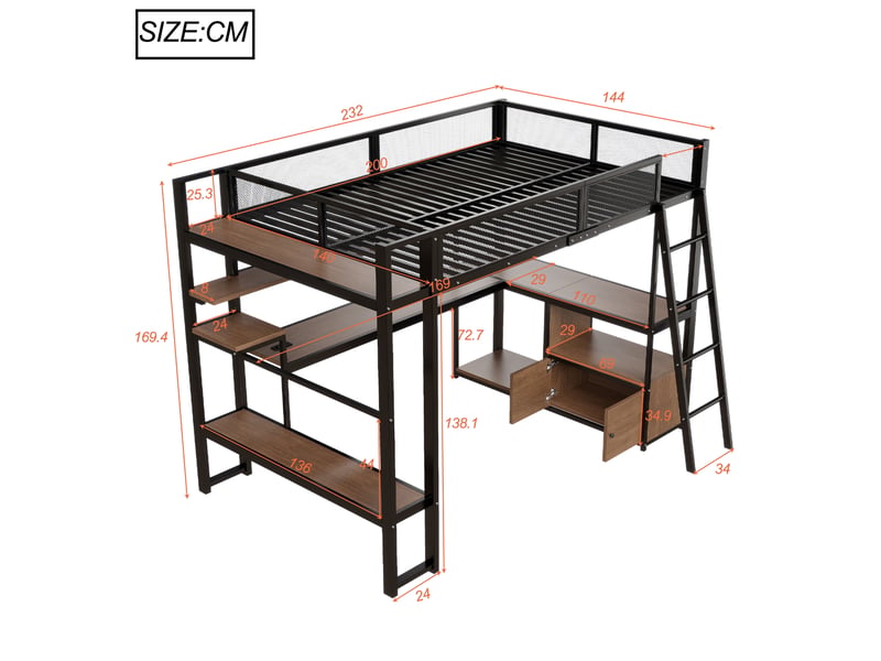 Lit mezzanine 140 x 200 cm, lit enfant surélevé, bureau intégré, étagères ouvertes, éclairage led, échelle, barrières de sécurité, métal, noir Morn Vibe - Conforama C