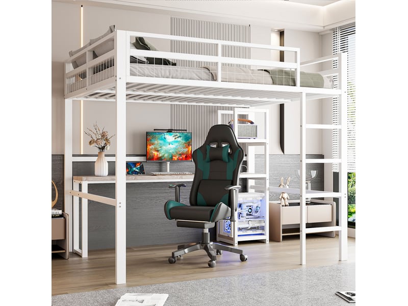  Lit mezzanine tcqpz 140 x 200 cm en métal blanc avec bureau prises usb et usb type-c étagères et échelle  - Conforama E