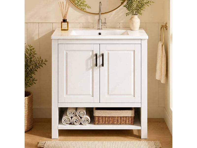  Meuble salle de bain sur pied 76x47x83 cm avec vasque en céramique intégrée et portes doubles blanc  - Conforama D
