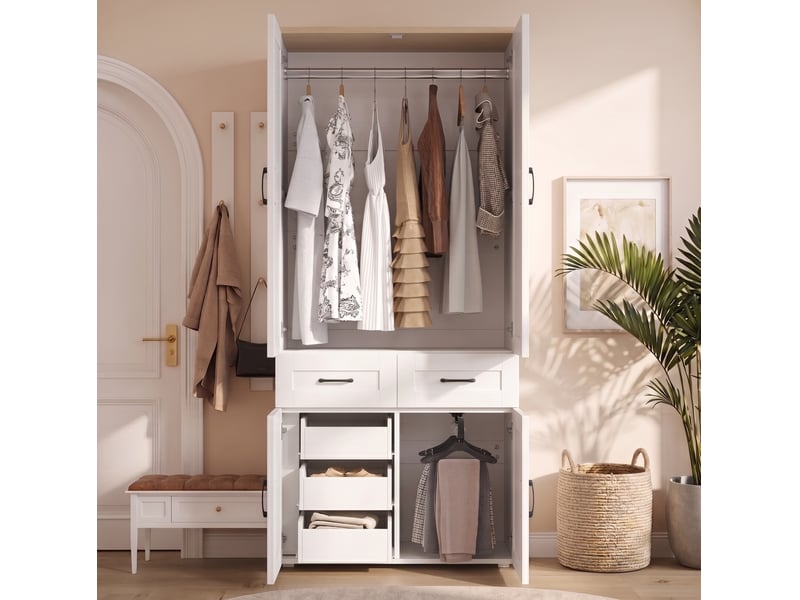  Armoire avec 4 portes, 5 tiroirs et 2 tringles, style campagne pour chambre à coucher, en mdf blanc, 90 × 50 × 200 cm  - Conforama C