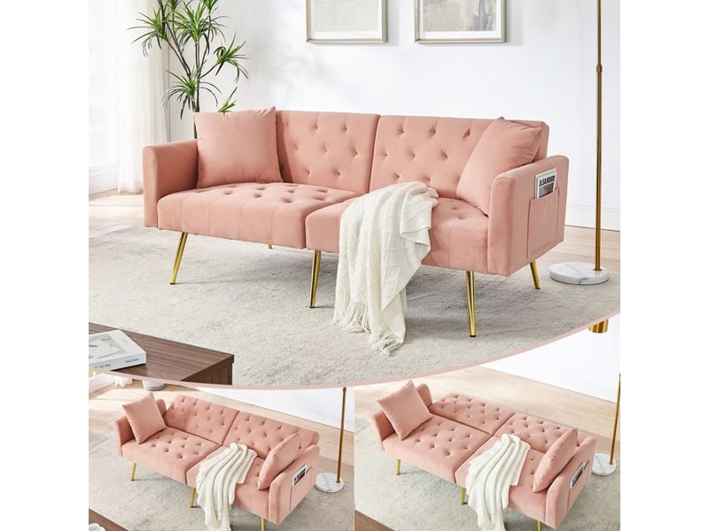  Canapé en velours deux places - dossier réglable à 3 niveaux - 2 coussins inclus - pieds en métal - rose rose - Conforama B