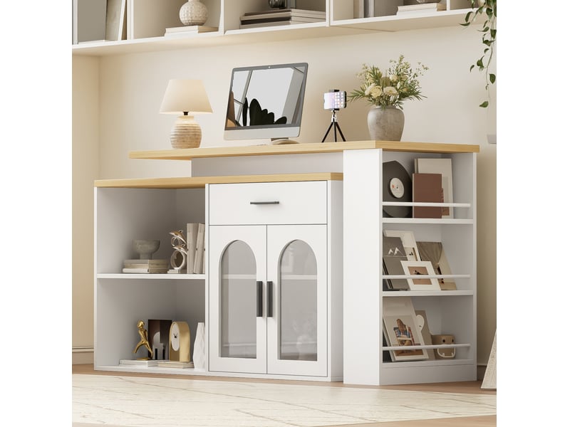 Îlot de cuisine fixe 136 x 50 cm, plateau pivotant à 360°, mdf blanc - Conforama D