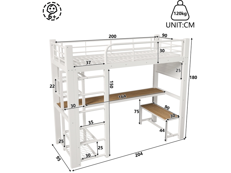  Lit mezzanine, 90 × 200 cm, blanc, métal, led, escalier-rangement, grille suspendue, sans matelas, led pilotable par appli  - Conforama B
