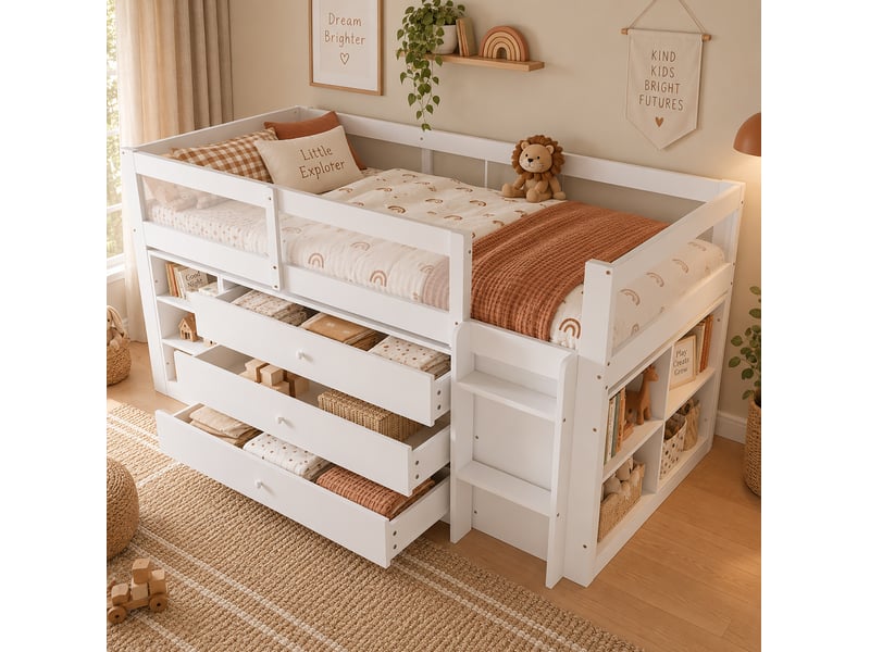 Lit mi-hauteur enfant 90x200 cm avec 3 tiroirs et rangements, blanc, sans matelas - Conforama W