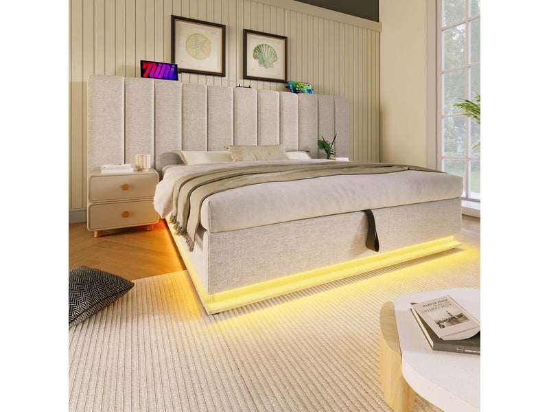 Lit coffre 180x200 cm beige lin avec led usb-c sommier matelas inclus - Conforama E