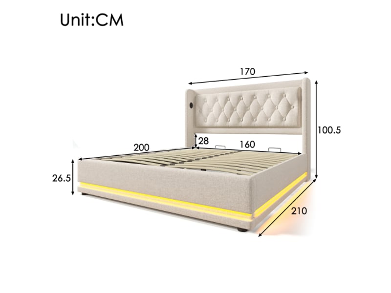  Lit coffre 160x200 cm, ports usb et type-c, avec lattes, en tissu, beige, matelas inclus  - Conforama D