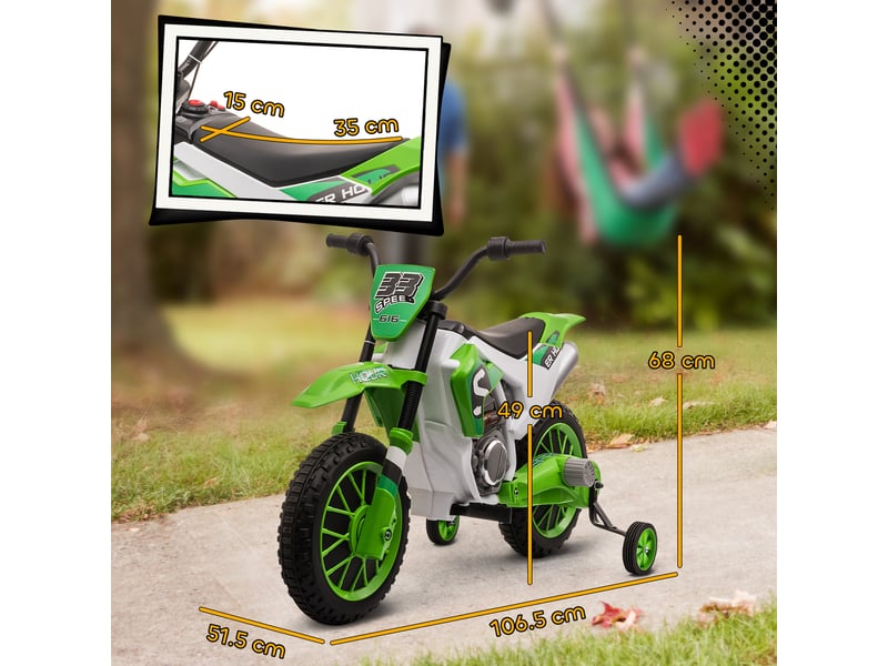  Moto tout-terrain électrique pour enfants avec roues, en polypropylène et métal, 106,5 x 51,5 x 68 cm, verte  - Conforama E