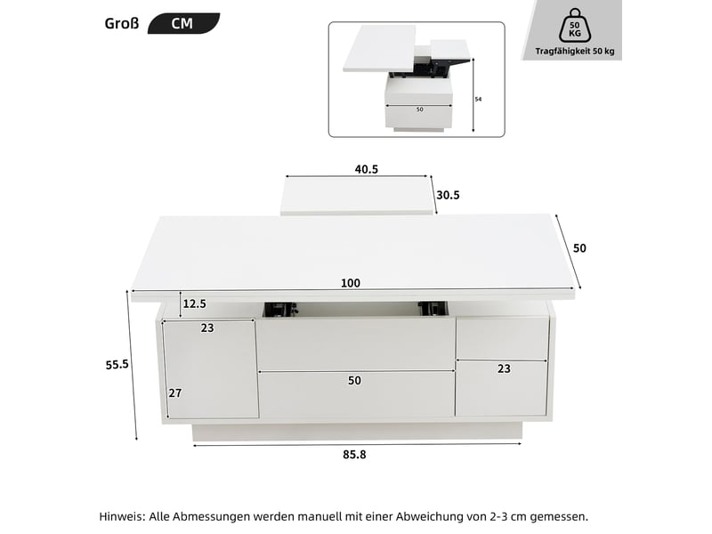  Table basse blanche à double plateau relevable avec rangement caché  - Conforama E