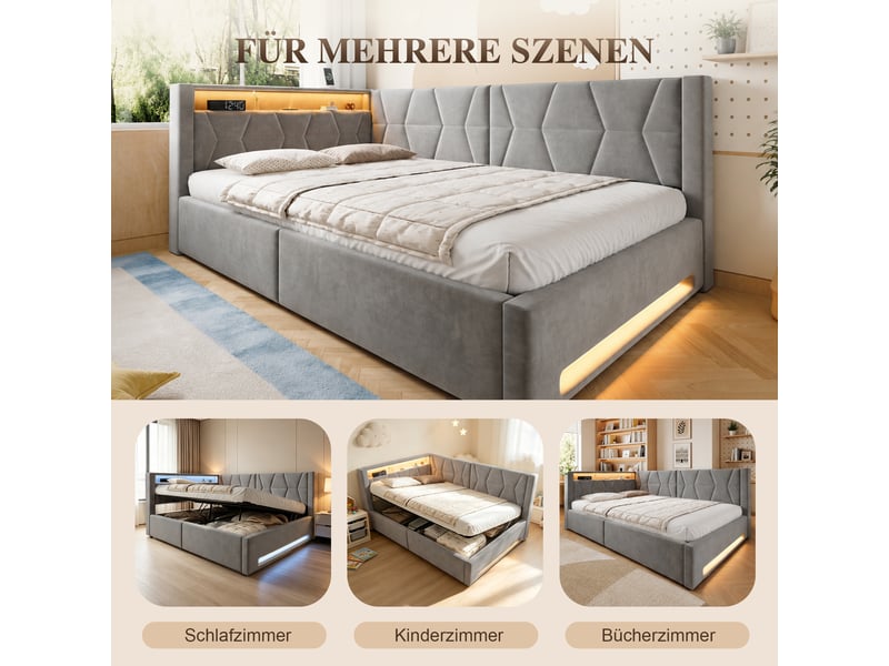  Lit coffre rembourré 140 × 200 cm 2 places, led, usb, type-c, rangement hydraulique, sans matelas, gris foncé  - Conforama E