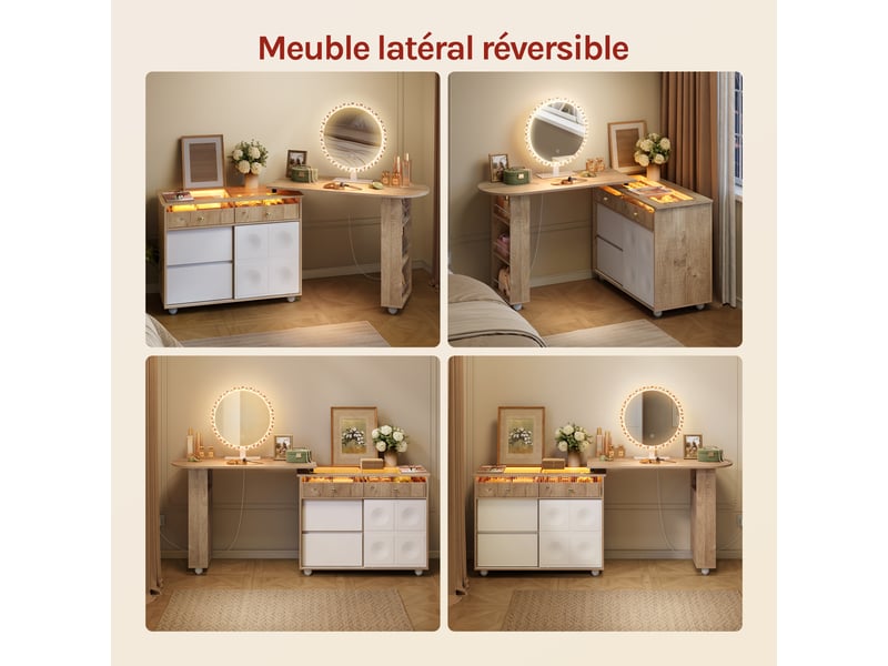  Coiffeuse avec miroir led,avec éclairage et casiers à bijoux,tiroirs,étagères,blanc+chêne brun clair  - Conforama E