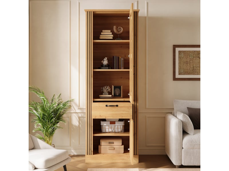  Vitrine haute 62x41x180 cm, éclairage led, commande par application, portes vitrées, porte miroir pour salon et séjour - naturel  - Conforama E