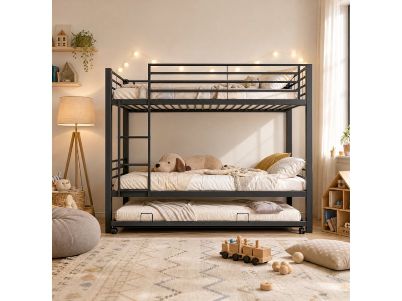  Lit superposé enfant 90x200 cm avec lit gigogne en métal couleur noir, sans matelas, design industriel, design moderne  - Conforama D