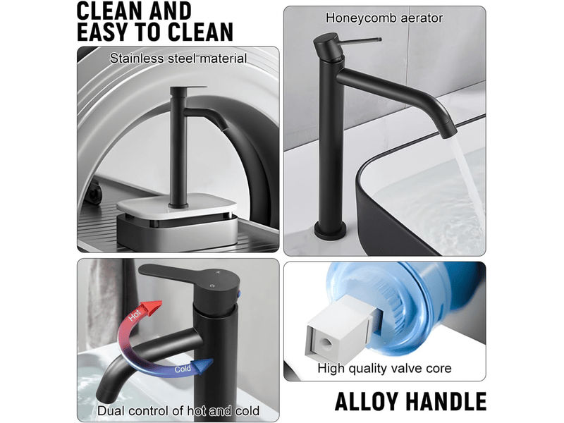  Robinet de lavabo de salle de bain avec eau chaude et froide, en acier inoxydable, noir, bec haut, coude, tuyau de 60 cm PB502396 - Conforama B