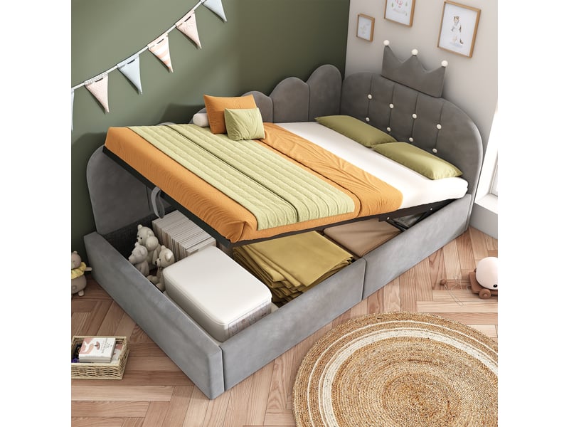 Canapé-lit rembourré 90 x 200 cm, avec espace de rangement, en l, orné d'un motif en treillis en forme de couronne, en velours, gris - Conforama E