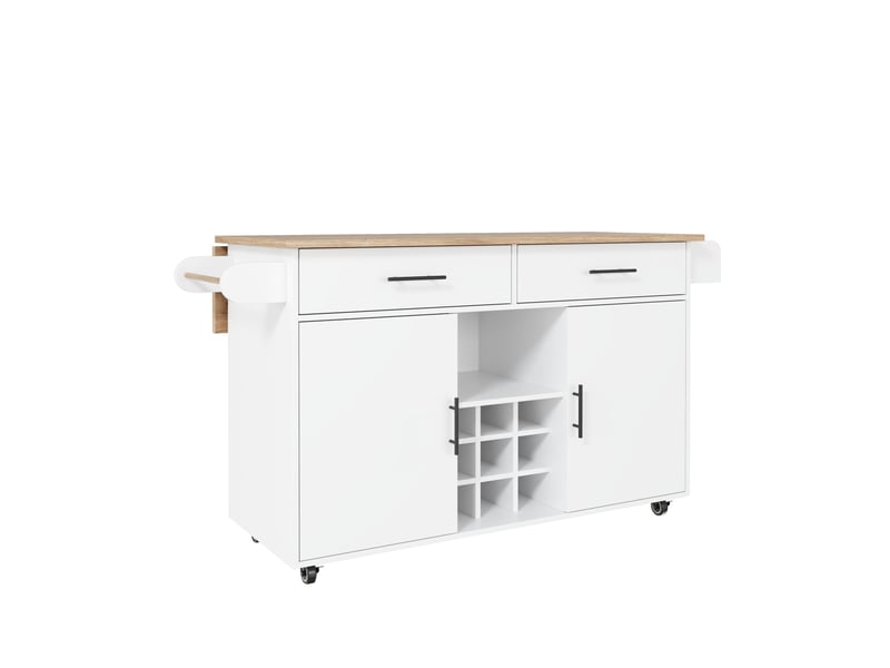  Îlot de cuisine mobile blanc avec plateau rabattable aspect bois, 2 tiroirs et range-bouteilles, idéal au quotidien  - Conforama D