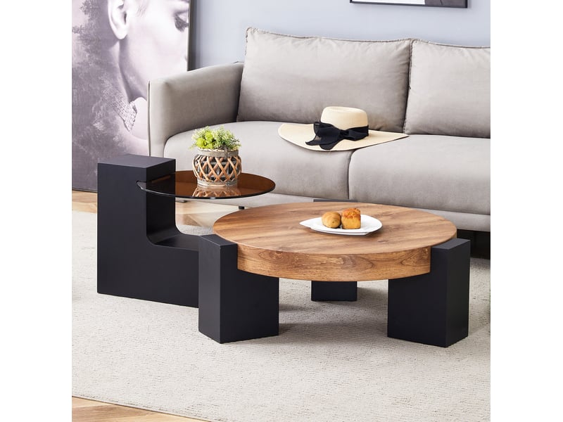  Ensemble de 2 tables basses rondes, ø 61 cm h 30 cm et ø 44 cm h 44 cm, mdf et verre noir bois  - Conforama B