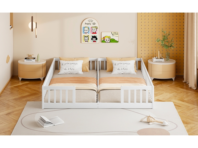 Lit 2 places 90x200 cm avec barrières de sécurité, en bois, blanc, sans matelas - Conforama D