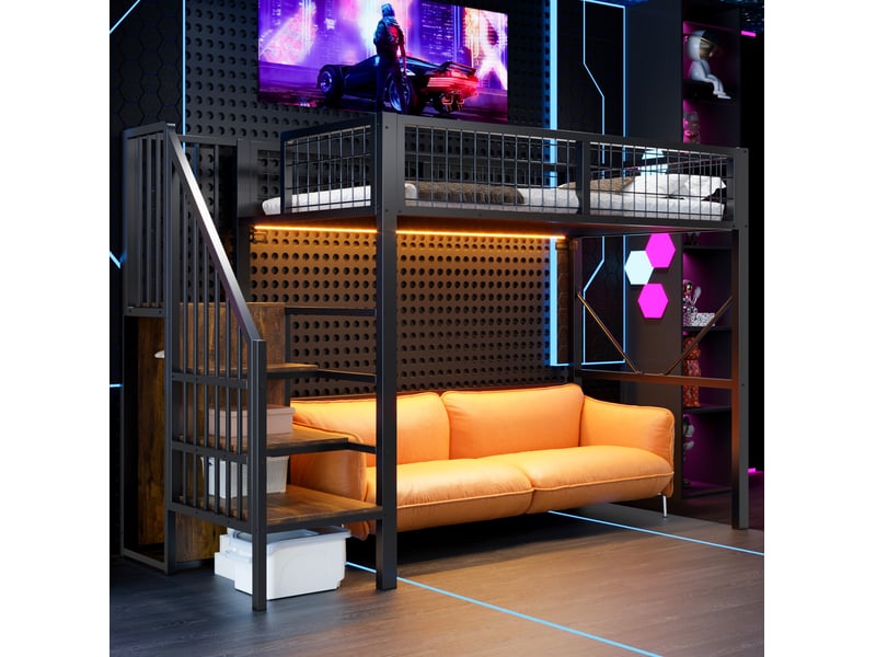  Lit mezzanine 90x200 cm en métal avec échelle de rangement et led, coloris noir  - Conforama E