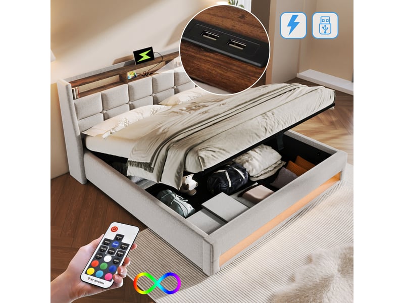  Lit coffre,160x200 cm,avec led et usb,lin,beige  - Conforama B