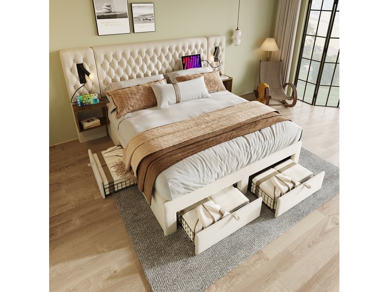  Lit double 160x200 cm avec rangements, lampes de lecture et chargement port usb type-c, velours, beige, avec matelas  - Conforama B
