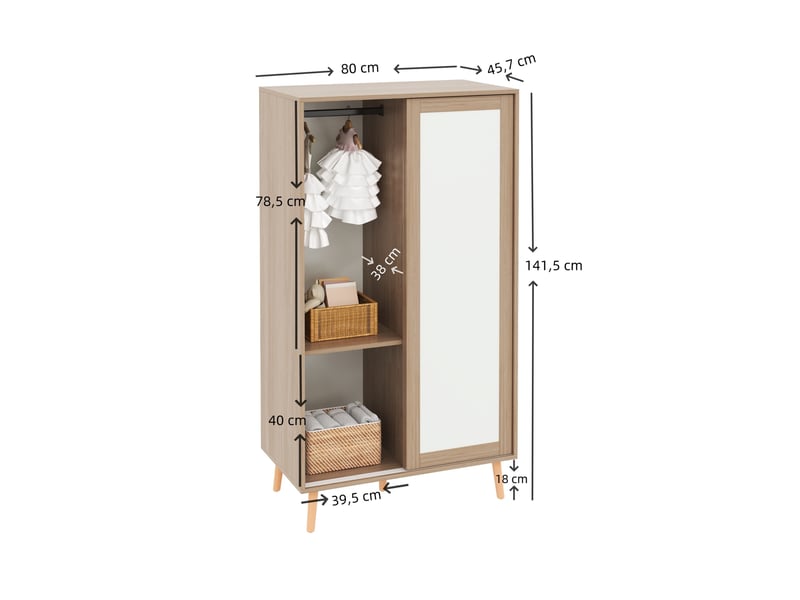 Armoire combinée pour chambre d’enfant avec porte coulissante, penderie et tiroirs, blanc et bois naturel, 160 × 46 × 141,5 cm - Conforama E