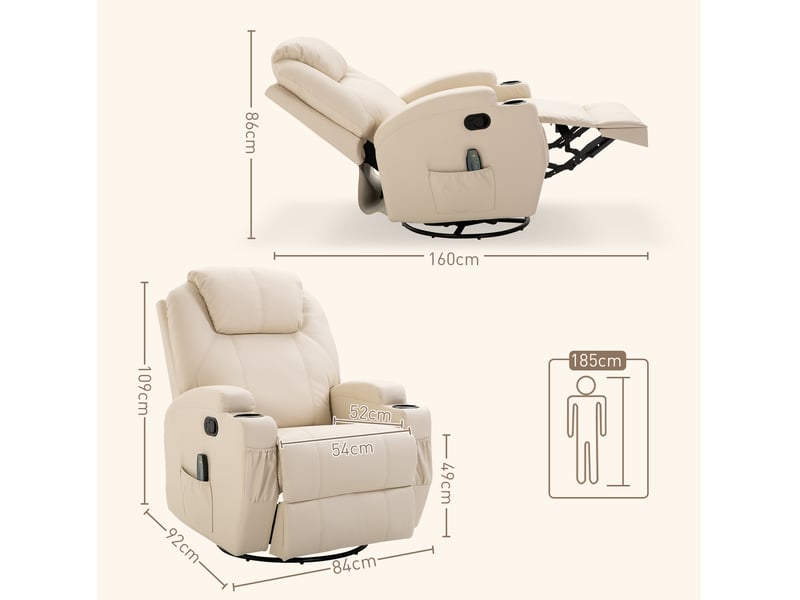  Fauteuil de massage ulevr inclinable à 165° et pivotant à 360°, 8 points vibrants, 84 x 92 x 109 cm, simili cuir blanc crème  - Conforama C