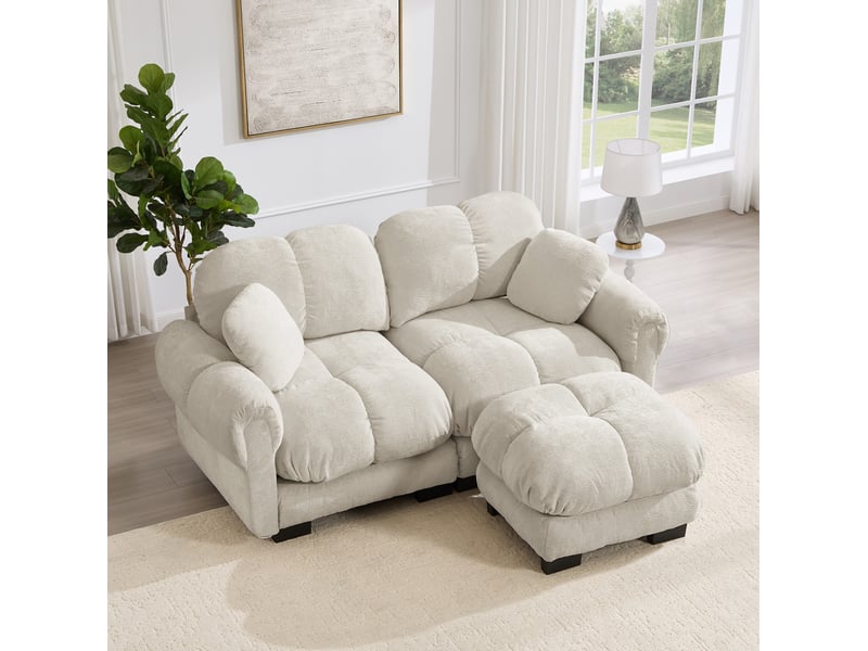  Canapé d'angle modenvie 2 places modulable en chenille kaki clair avec pouf mobile 190 x 149 x 90 cm  - Conforama E