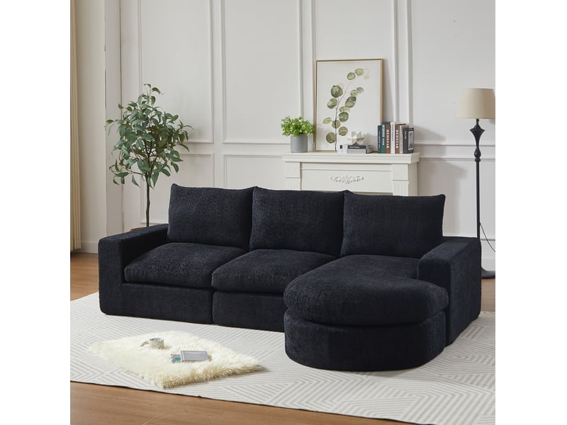  Canapé d'angle réversible 3 places modulable avec méridienne et coussins de nuque en chenille noir  - Conforama E