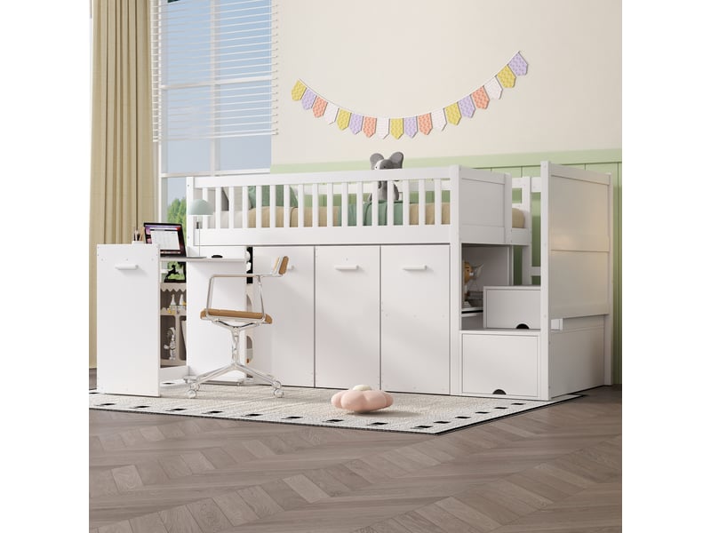  Lit superposé 90x200 cm bois massif blanc – bureau intégré, rangements et escalier à tiroirs  - Conforama B