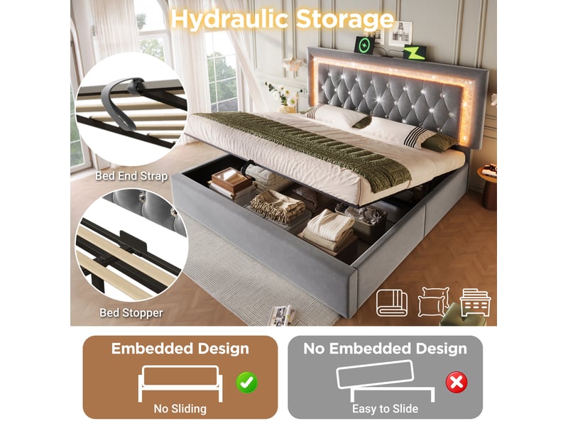  Lit avec coffre, 160x200 cm, avec bande led, système de recharge usb et type c, matelas inclus, métal, coloris gris  - Conforama E