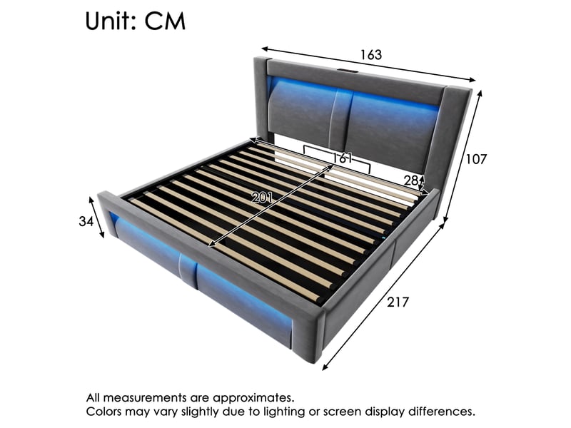  Lit double 160x200 cm coffre hydraulique led usb et usb-c velours gris avec matelas  - Conforama E