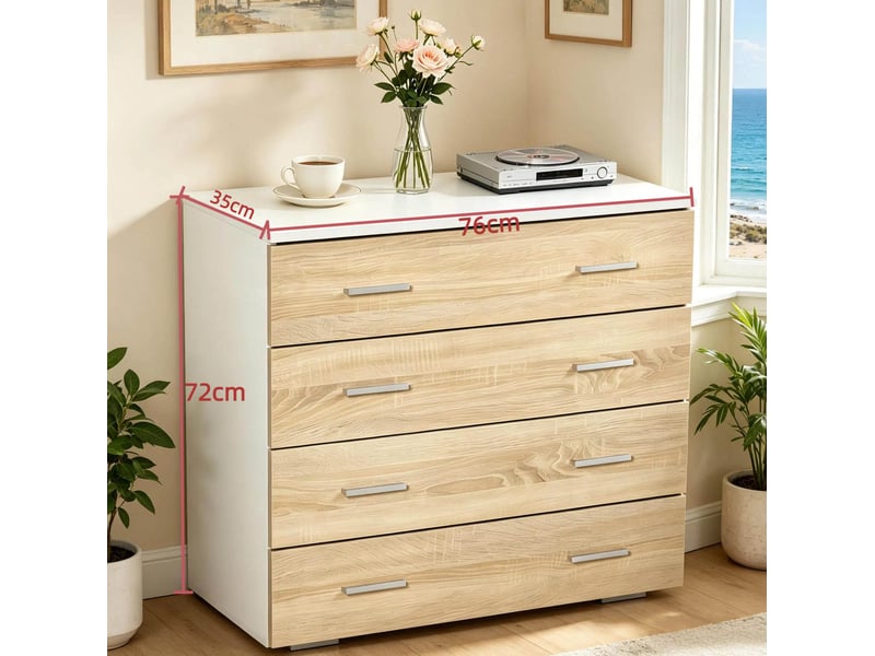  Commode de rangement 4 tiroirs 76 x 35 x 72 cm, blanc et bois clair, métal  - Conforama C
