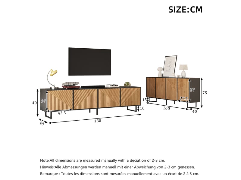  Ensemble meuble tv et buffet 4 portes – naturel et noir – 180 x 40 x 50 cm 160 x 40 x 75 cm  - Conforama D