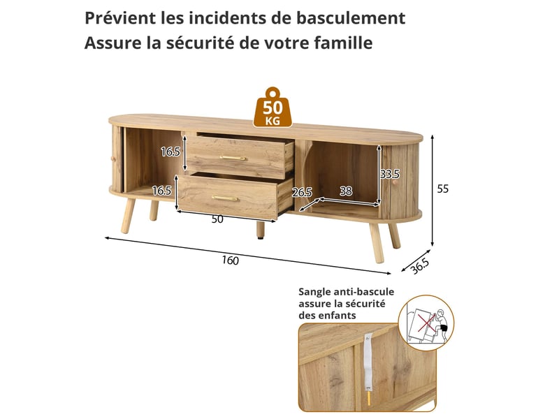  Meuble tv 160x36,5x55 cm, 2 tiroirs, portes coulissantes, façades texturées, pieds bois, grand rangement pour salon - naturel  - Conforama C