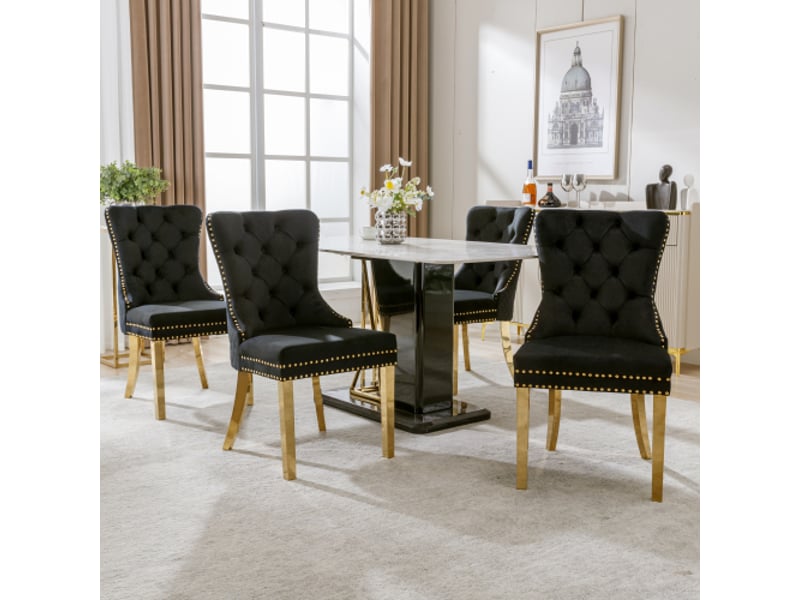  Lot de 4 chaises de salle à manger en velours noir avec accents de rivets, pieds en acier inoxydable plaqué or, sans accoudoirs  - Conforama B