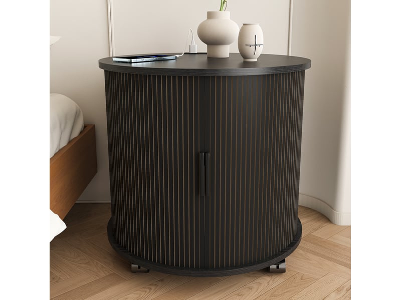  Table de chevet ronde, station de charge, porte coulissante et rangement, mdf noir, meuble moderne, rangement pratique  - Conforama B