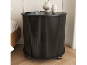 Table de chevet ronde, station de charge, porte coulissante et rangement, mdf noir, meuble moderne, rangement pratique