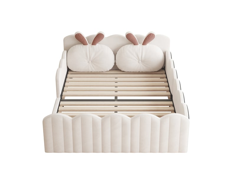  Lit rembourré beige 140x200 cm en velours avec coussin lapin, barrières de protection, cadre en bois et sommier à lattes  - Conforama A