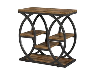Table basse avec étagères superposées et rangements ouverts, structure métal et bois, marron, pour salon et entrée