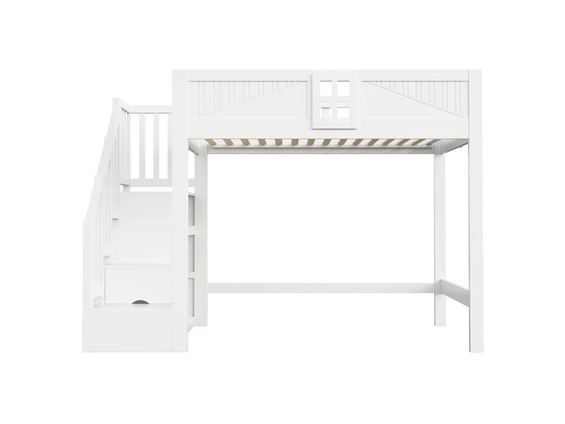 Lit mezzanine 140×200 cm en bois massif avec échelle rangement, blanc - Conforama A