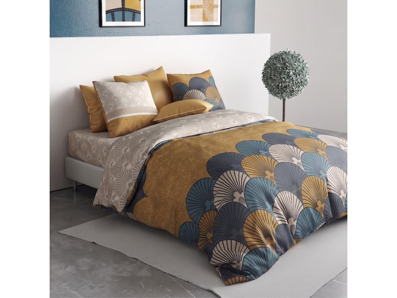  Parure housse de couette 240x220cm + 2 taies motif rétro bleu et jaune 100% coton - mandy MANDY - Conforama B