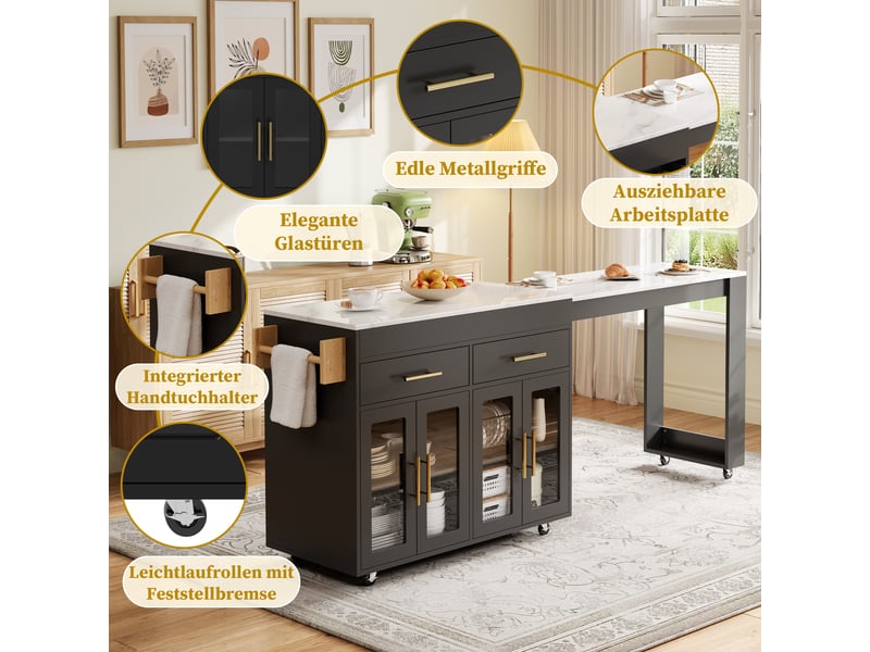  Îlot de cuisine noir avec desserte de cuisine à roulettes, table de bar extensible et portes en verre, 132,5-217x50x93 cm  - Conforama W